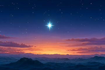 Bright star shining over a sunset landscape. Generative AI