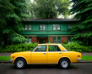Fototapeta premium Classic yellow car parked on a street, in front of a green house. Generative AI