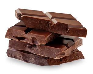 Isolated Chocolate bar pieces on white background. Bitter dark Chocolate macro.  Package design element.