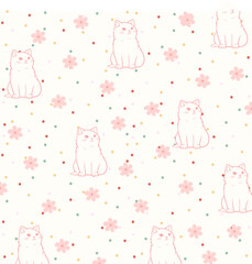 Seamless pattern with cute cats and flowers. Vector graphics.