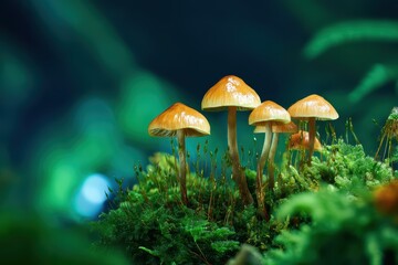 Fototapeta premium Shiny orange mushrooms growing on green moss in natural forest scene.Natural Harmony Scene.