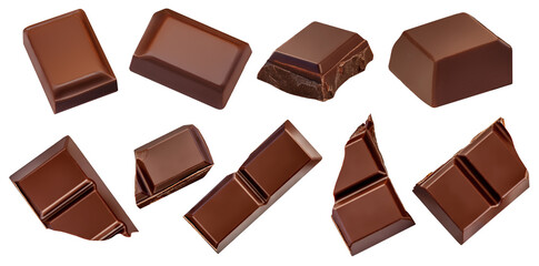 Dark chocolate bar pieces isolated. Collection. Milk chocolate bar on white background. Top view. Flat lay. Package design element.