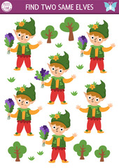 Find two same elves. Fairyland matching activity for children. Magic garden, forest, fairy educational quiz worksheet for kids with cute woodland boy or dwarf. Simple printable game
