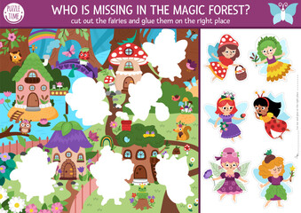 Naklejka premium Vector woodland fairy cut and glue activity. Crafting game with cute fairyland or magic forest landscape. Fun printable worksheet for children. Find the right piece of the puzzle. Complete the picture