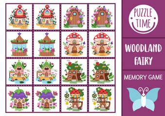 Vector fairyland memory game cards with cute fairy houses. Woodland homes matching activity. Remember and find correct card. Simple printable worksheet for kids with forest cottages