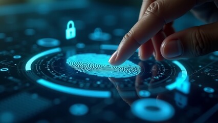 close person hand touching fingerprint touch screen fingerprint center screen surrounded circular interface various buttons dials background blurred appears futuristic cityscape lock icon top corner
