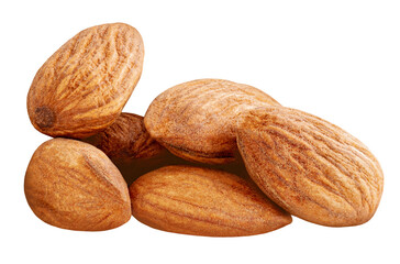 Almond nut seeds  isolated on white. Pile of Organic brown peeled almond nuts. Almonds  Package design element