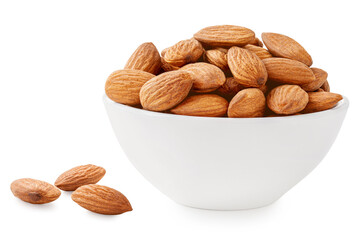 Almond nut seeds  isolated on white. Bowl of Organic brown peeled almond nuts. Almonds  Package design element