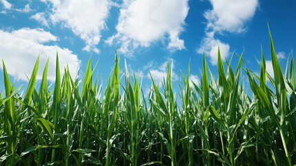Obraz premium A Vibrant Symphony of Green A Majestic View of a Cornfield Under a Sky Adorned with Puffy White