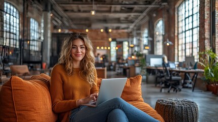 Obraz premium Woman working on laptop in modern office