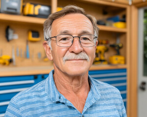 Fototapeta premium Smiling senior man in workshop. Generative AI