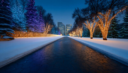 Snowy pathway with illuminated trees and city skyline at twilight. Generative AI