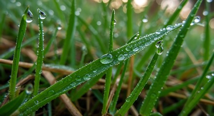 Fototapeta premium Dew Drops on Green Grass Blades in Morning Light