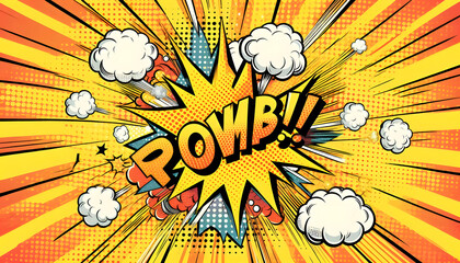 Comic Burst Effect: A dynamic pop-art explosion effect with the word "POWB!!!" in a comic book style, showcasing vibrant colors and energetic lines, symbolizing impact and action.