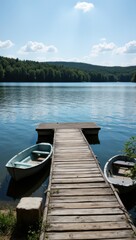 Obraz premium Tranquil Rowboats at Idyllic Lake Dock Serene Nature Scene Peaceful Waterfront Scenic Viewpoint Relaxing Concept