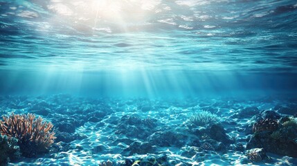 Fototapeta premium Submarine Serenity: Sunbeams Dance on Ocean Floor