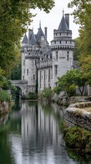 Obraz premium Grey Stone Castle Reflected in Calm Water, Surrounded by Lush Greenery