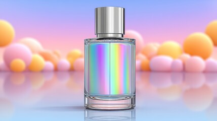 Naklejka premium Holographic Perfume Bottle on Pastel Background with Colorful Spheres