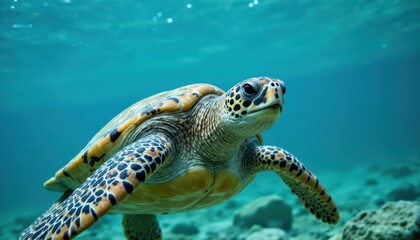 Fototapeta premium Majestic Sea Turtle Swimming Underwater in Tropical Ocean Nature Photography Serene Marine Environment Close-Up View
