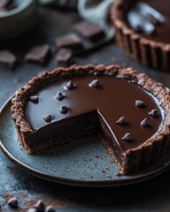 Dark chocolate tart with a slice missing