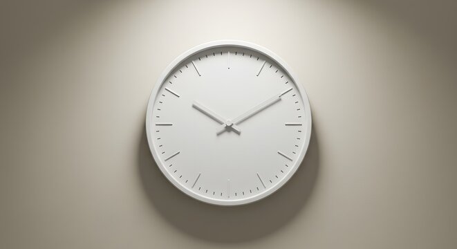 A minimalist white clock hanging on a light beige wall with soft lighting from above casting shadows