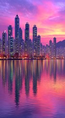 Fototapeta premium Pink and Purple City Skyline Sunset Reflection