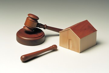 Minimalist setting featuring a judge's gavel and a house model, symbolizing legal aspects real estate.