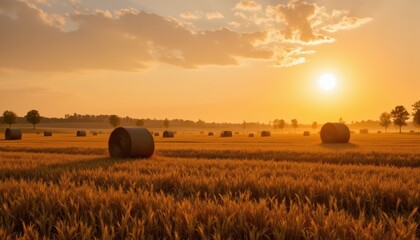 Golden Sunset Over Rural Farm Meadow with Haystacks Serene Landscape Nature Photography Tranquil Environment