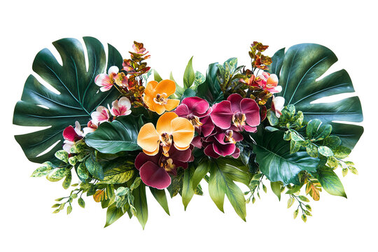 A vivid arrangement of orchids and tropical leaves on a transparent background for eye-catching botanical flair