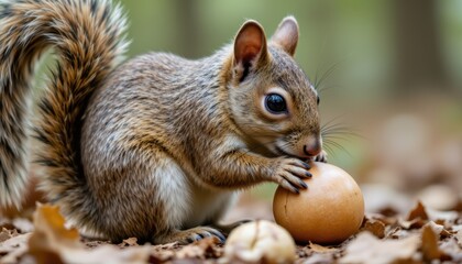 Obraz premium Squirrel Eating Nut in Forest Wildlife Photography Autumn Setting Close-Up View Nature's Delight