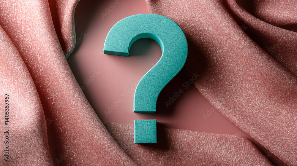 Poster teal question mark on dusty rose fabric backdrop, creating a stylish and intriguing visual, suggesti