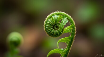Fern Frond Unfurling in Springtime Forest Macro Shot