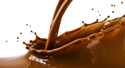 A dynamic splash of rich brown liquid against a stark black background creating a captivating visual