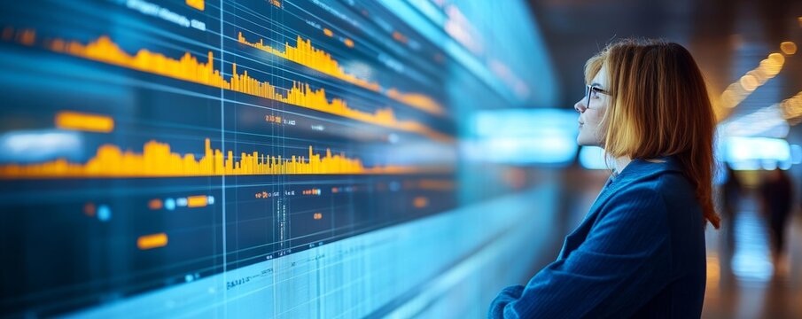 A focused analyst meticulously studies a complex data visualization, illuminated by dynamic displays, demonstrating the analytical expertise and strategic thinking. 