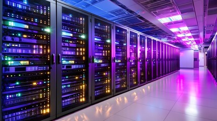 Futuristic Data Center with Illuminated Servers and Advanced Digital Infrastructure Interior