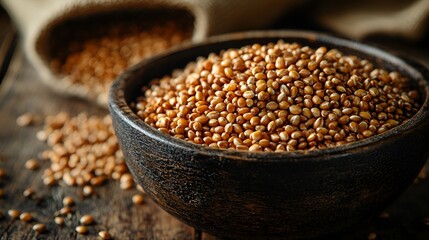 Bowl of millet grains on wooden table.