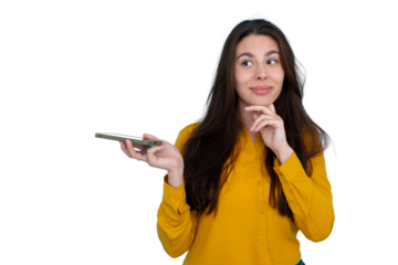 Young woman holding smartphone and thinking with finger on chin, isolated on transparent background