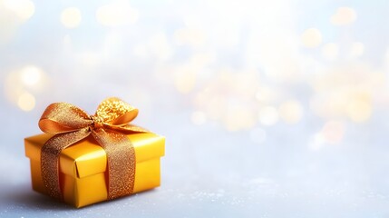 Elegant Golden Gift Box with Sparkling Ribbon and Soft Bokeh Background for Celebrations