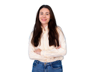 Obraz premium Portrait of a confident young woman smiling with crossed arms, isolated on a transparent background