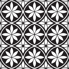Fototapeta premium Geometric Floral Tile Pattern. Seamless Black and White Abstract Background, Vector geometric monochrome seamless pattern with curved shapes