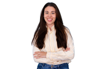 Confident businesswoman standing with crossed arms, smiling against transparent backdrop