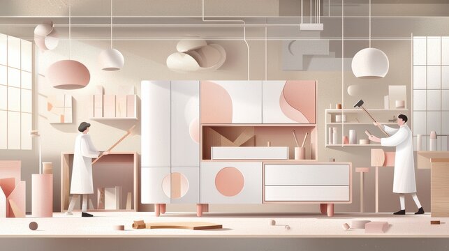 Carpenter workshop activity studio space illustration minimalist environment side view craftsmanship concept