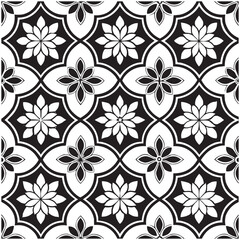 Geometric Floral Tile Pattern. Seamless Black and White Abstract Background, Vector geometric monochrome seamless pattern with curved shapes