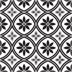 Geometric Floral Tile Pattern. Seamless Black and White Abstract Background, Vector geometric monochrome seamless pattern with curved shapes
