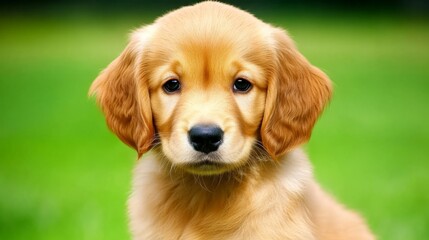 Obraz premium Golden retriever puppy with soft fur, gentle gaze, warm light. Pure joy and innocence in a tender moment. 