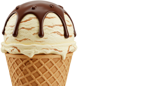 Vanilla ice cream cone with chocolate drizzle on top isolated against a black background space for text