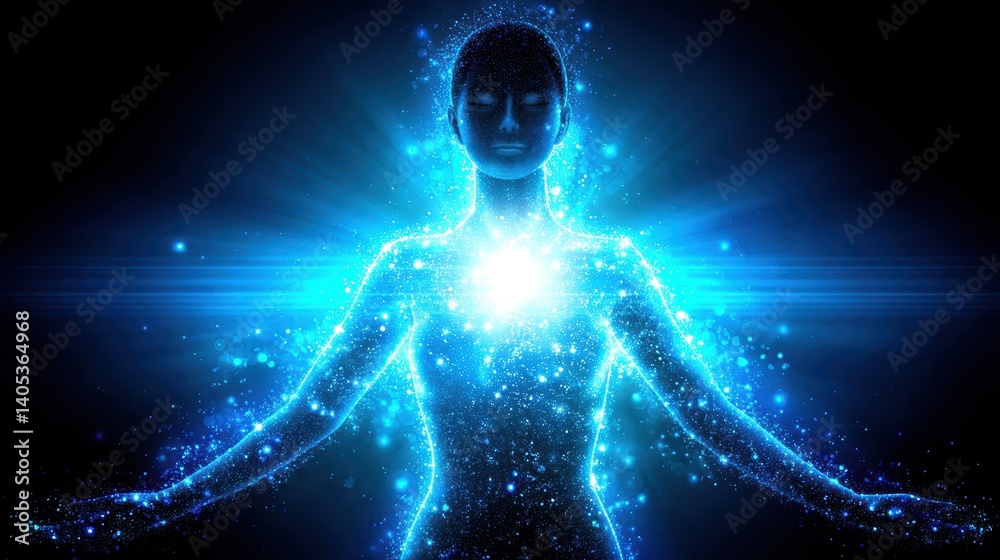 Poster floating figure glows with starlight and cosmic constellations in serene astral projection concept