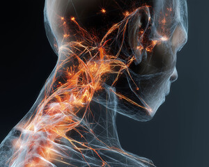 Text neck syndrome posture ergonomics spine chronic pain therapy. Artistic visualization of text neck syndrome in a digital format.