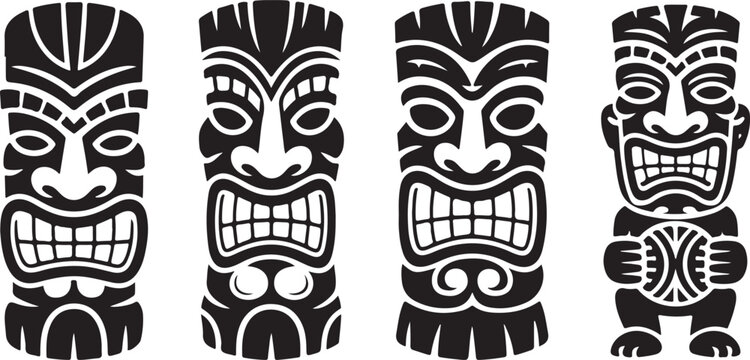 Tribal Tiki Masks in Polynesian  Traditional Carved Totem Faces, Hawaiian Island Ethnic Symbols for Decoration or Tattoo Design