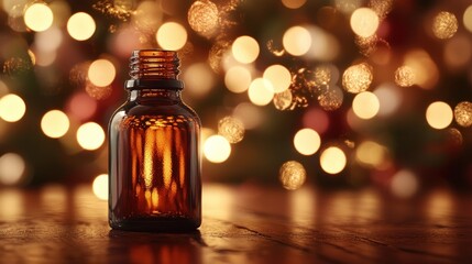 Amber bottle of essential oil on wood, bokeh lights